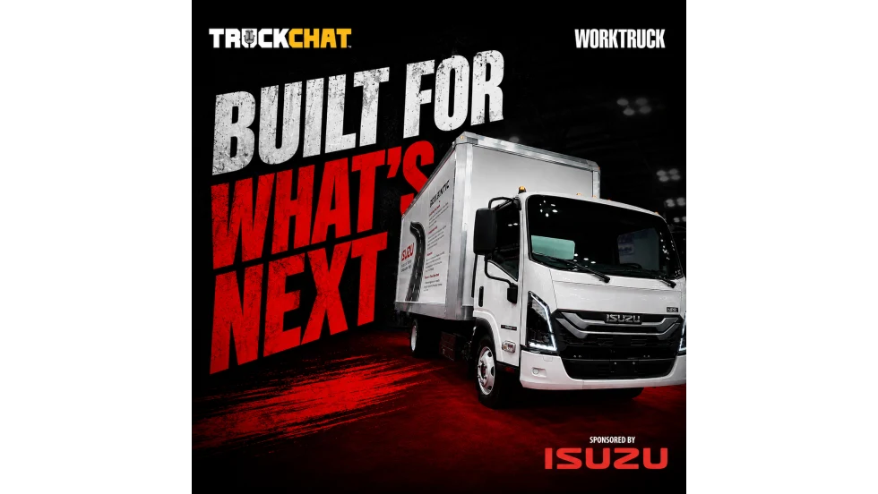 A white next-generation Isuzu medium-duty box truck is featured in a dramatic trade show thumbnail with bold red and white text reading “Built for What’s Next” alongside TruckChat and Work Truck branding.