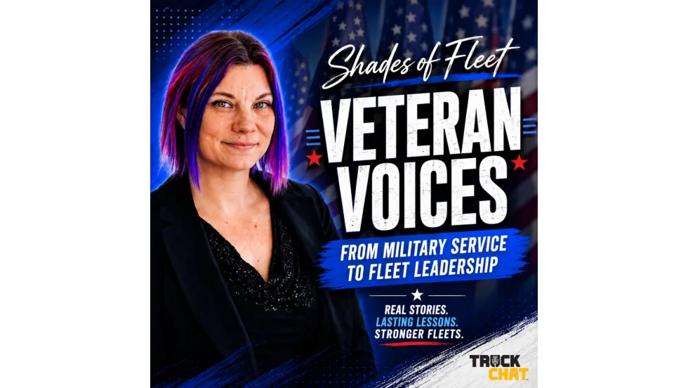 Square promotional graphic for Shades of Fleet featuring host Lauren Fletcher against an American flag background. Bold text reads "Veteran Voices" and "From Military Service to Fleet Leadership." The image promotes a conversation with fleet professionals about military experience, leadership, teamwork, and transitioning into civilian fleet careers.