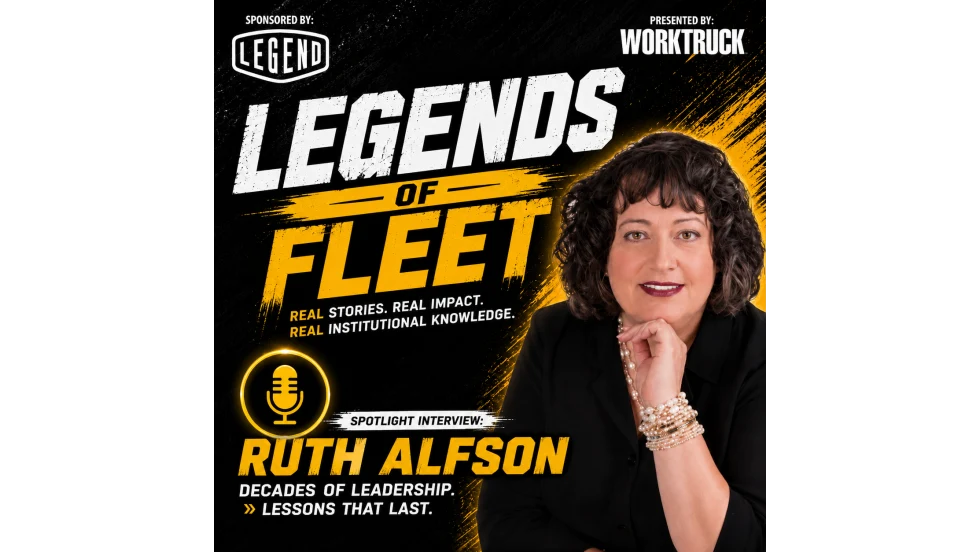 Square podcast cover for Legends of Fleet featuring a professional portrait of fleet industry leader Ruth Alfson on a black and gold background. The cover includes the title "Legends of Fleet," sponsor and Work Truck logos, a microphone icon, and text identifying the episode as a spotlight interview focused on leadership lessons and decades of fleet experience.