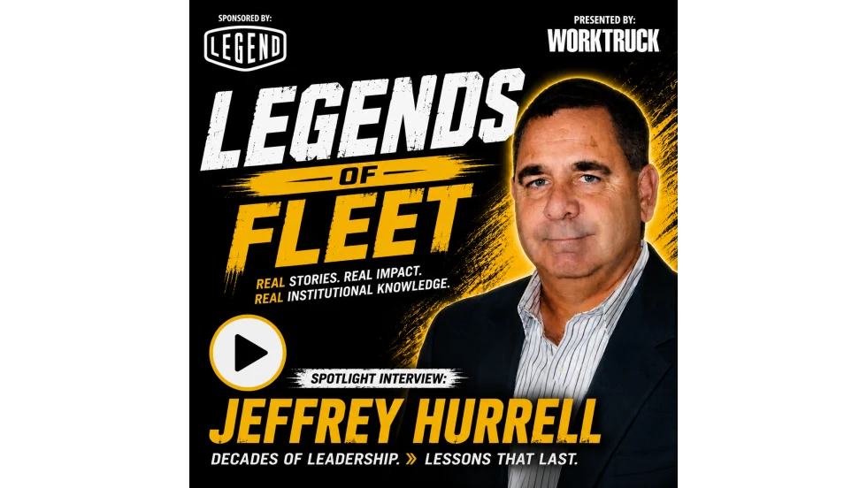 Square podcast cover for Legends of Fleet featuring a professional portrait of fleet industry leader Jeffrey Hurrell on a black and gold background. The cover includes the title "Legends of Fleet," sponsor and Work Truck logos, a play button icon, and text identifying the episode as a spotlight interview about leadership, institutional knowledge, and lasting lessons from a career in fleet management.