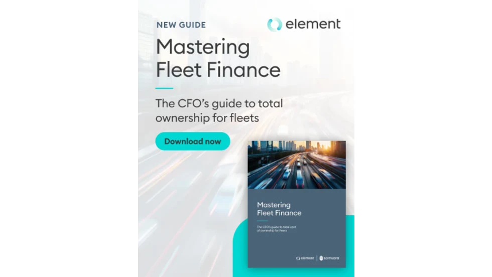 Promotional graphic for Element’s guide, Mastering Fleet Finance: The CFO’s Guide to Total Cost of Ownership for Fleets. The image features a blurred city and roadway background with light trails, the Element logo, a “Download now” button, and a preview of the guide cover showing a busy highway scene.