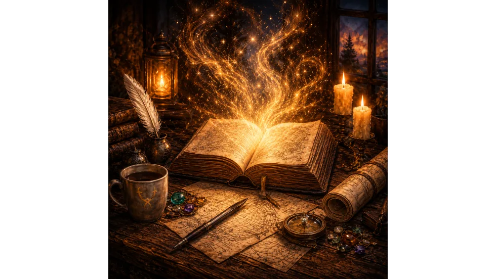 Square fantasy illustration of an open glowing spellbook on a wooden desk surrounded by candles, maps, gemstones, a feather quill, and magical golden light swirling upward in a cozy candlelit study.