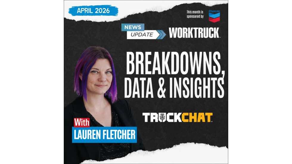 Square promotional graphic for Work Truck TruckChat’s April 2026 News Update featuring Lauren Fletcher alongside bold text reading “Breakdowns, Data & Insights,” with Chevron sponsorship branding and a dark textured background.