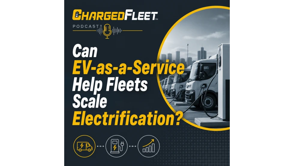 A black, white, and yellow Charged Fleet podcast logo with text over top