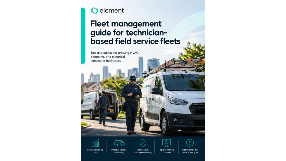 Field service technicians with white service vans equipped with ladder racks in a residential neighborhood, representing HVAC, plumbing, and electrical fleet operations.