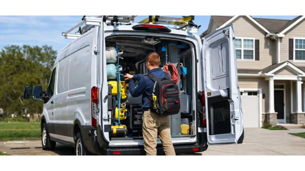 worker accessing the back of his work van
