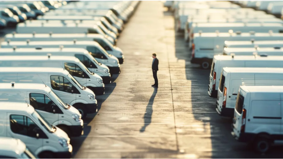 man standing in a lot of work vans