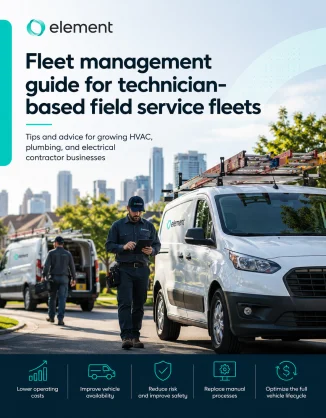 Field service technicians with white service vans equipped with ladder racks in a residential neighborhood, representing HVAC, plumbing, and electrical fleet operations.