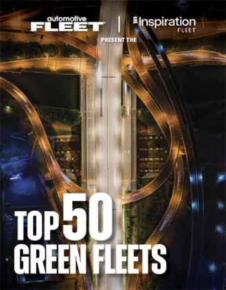 Cover of the "Top 50 Green Fleets" report presented by Automotive Fleet and Inspiration Fleet, featuring an aerial nighttime photo of a lit highway interchange with looping ramps.